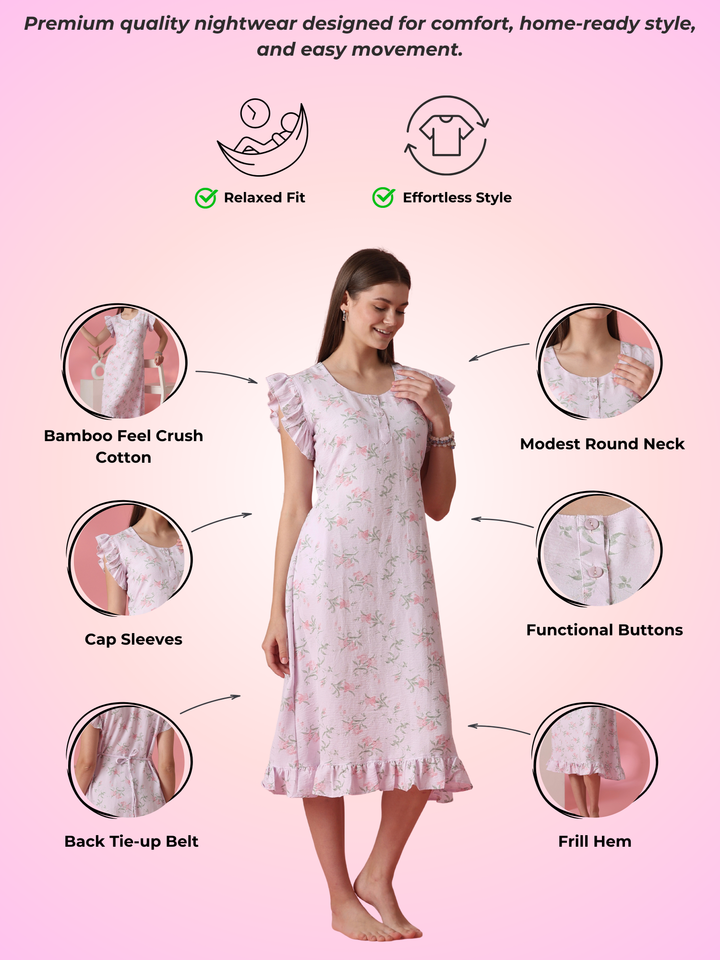 Floral Bamboo Feel Nightdress with Frill Cap Sleeves and Pocket