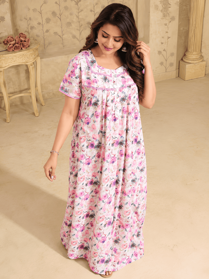 Cotton Chikankari Purple Floral Nighty with Pocket and Lace