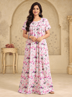 Cotton Chikankari Purple Floral Nighty with Pocket and Lace