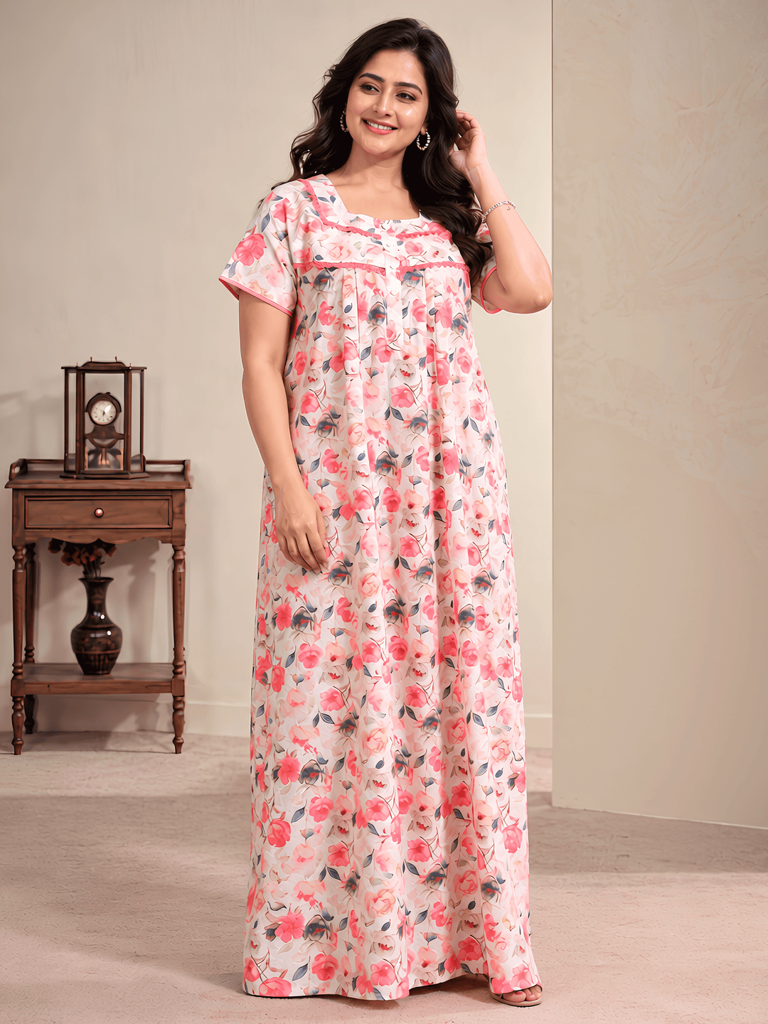 Cotton Chikankari Red Floral Nighty with Lace and Pocket