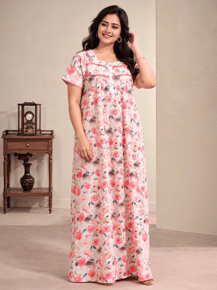 Cotton Chikankari Red Floral Nighty with Lace and Pocket
