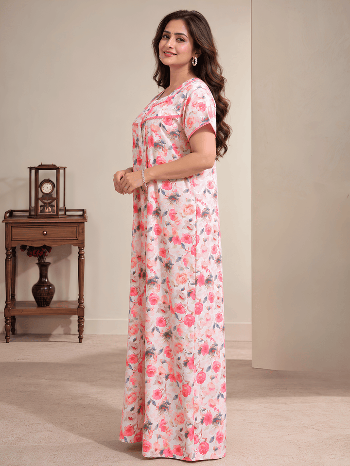 Cotton Chikankari Red Floral Nighty with Lace and Pocket