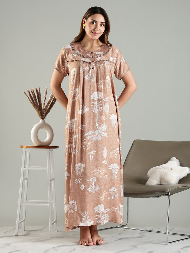 Front Open Nighty For Women in Caramel Floral Print