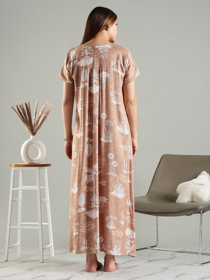 Front Open Nighty For Women in Caramel Floral Print