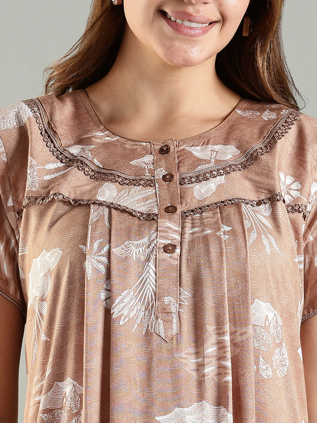 Front Open Nighty For Women in Caramel Floral Print