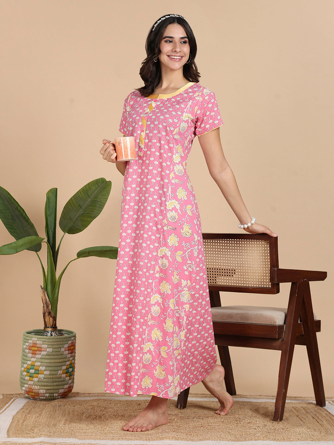 Coral Pink Pure Cotton Night Dress For Women With Pocket