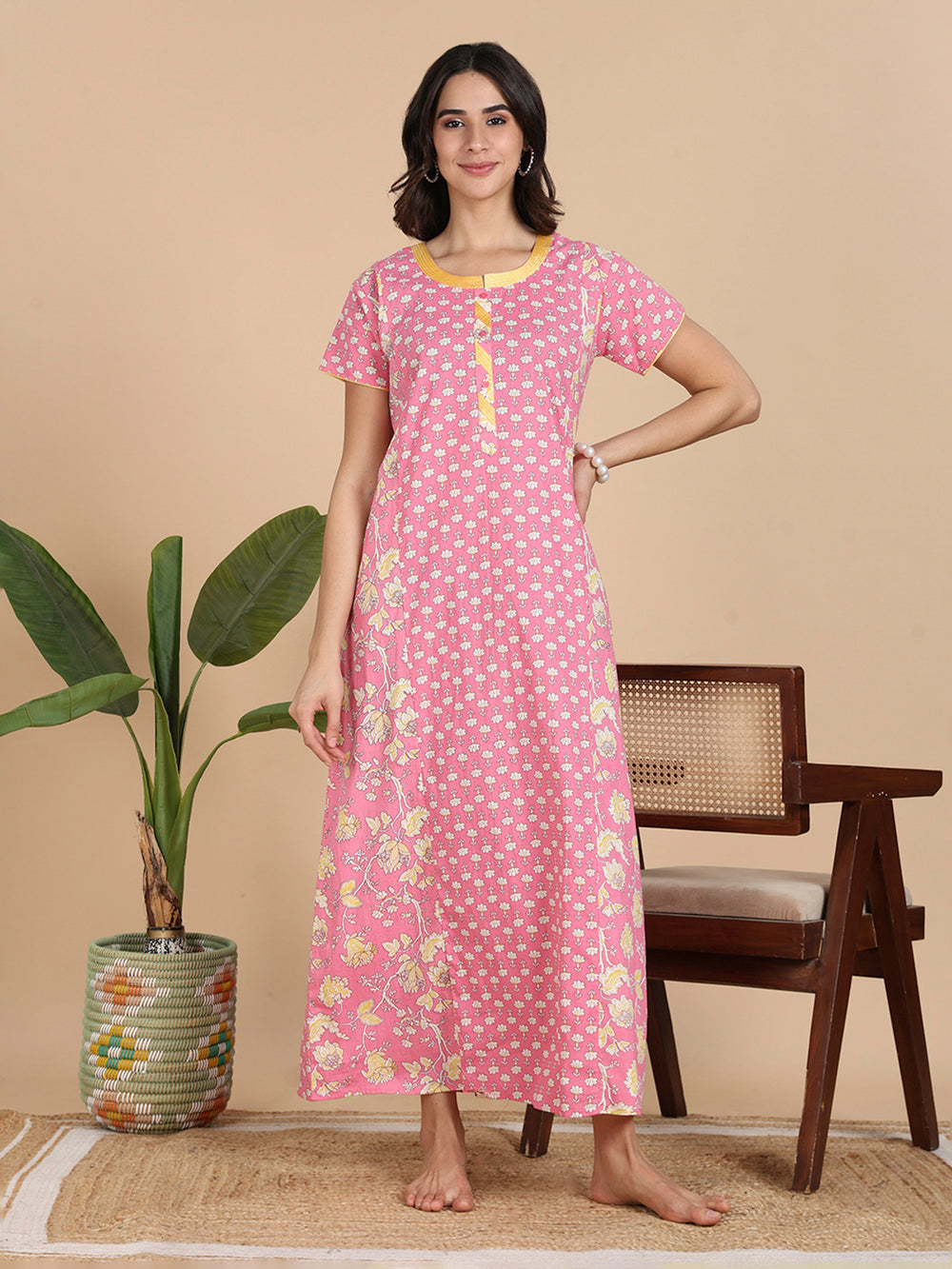 Coral Pink Pure Cotton Night Dress For Women With Pocket