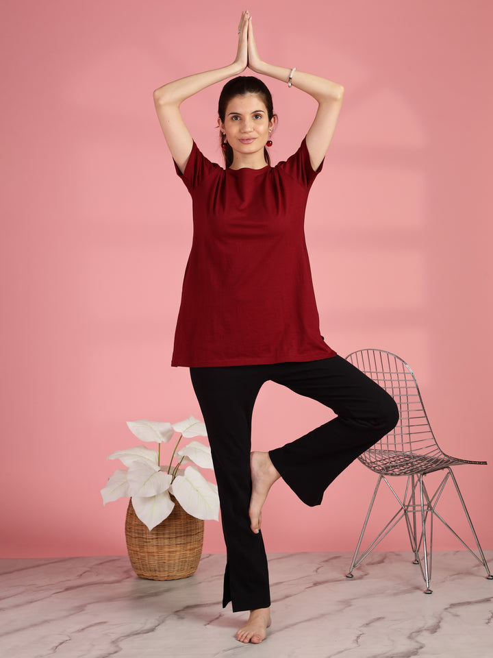 Maroon Long Cotton T-Shirt for Women