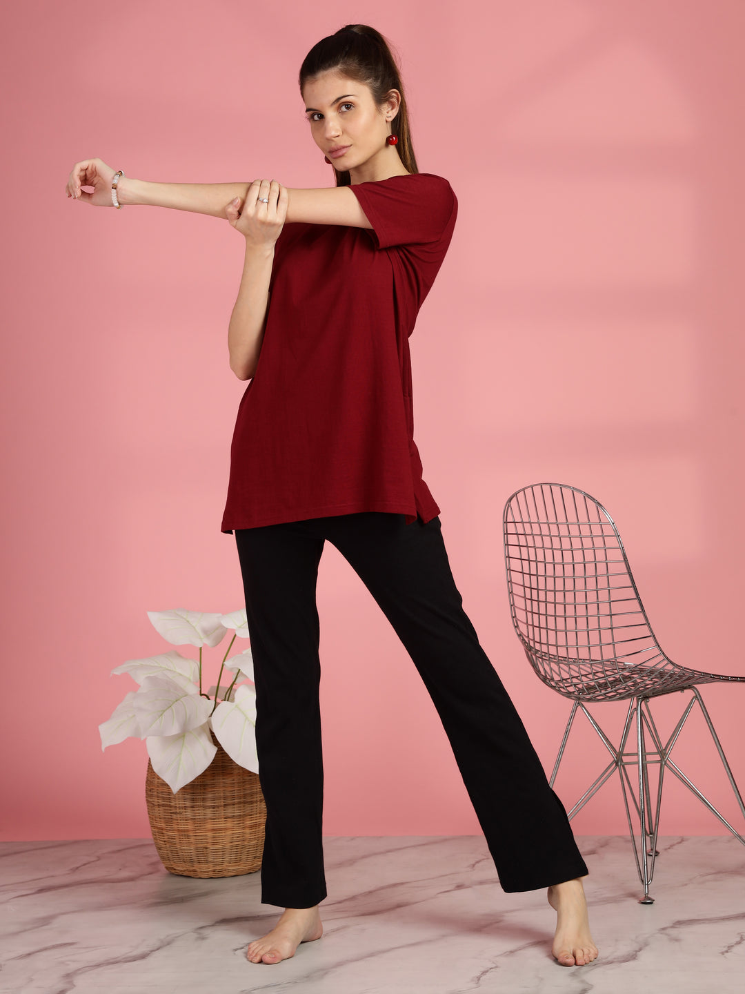 Maroon Long Cotton T-Shirt for Women