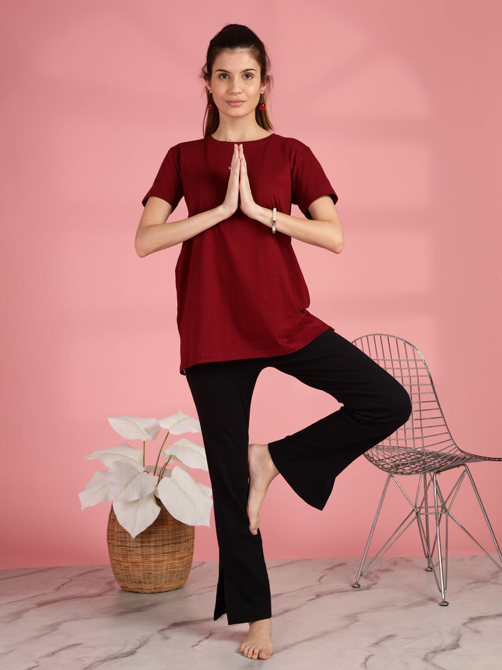 Maroon Long Cotton T-Shirt for Women
