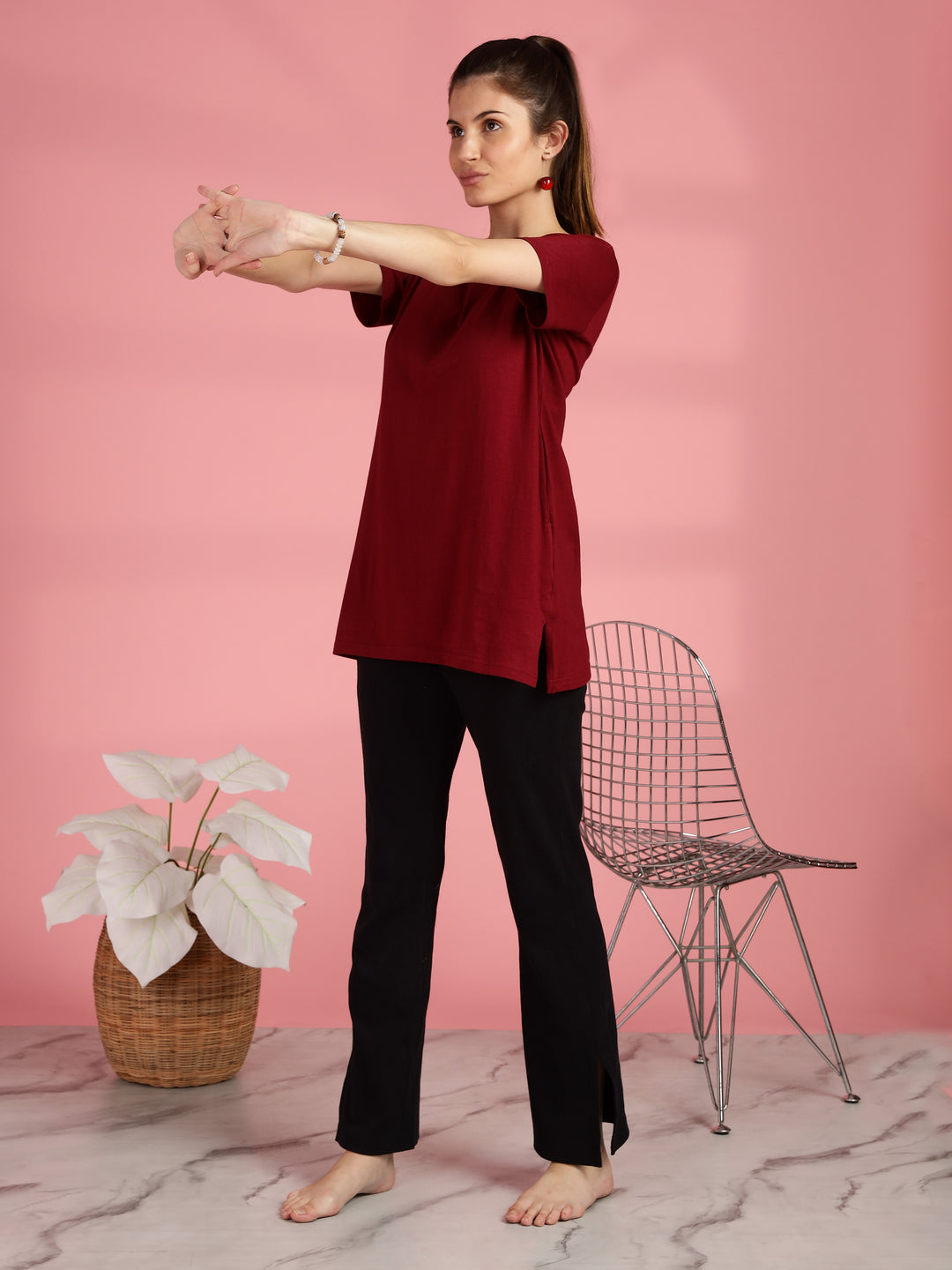 Maroon Long Cotton T-Shirt for Women