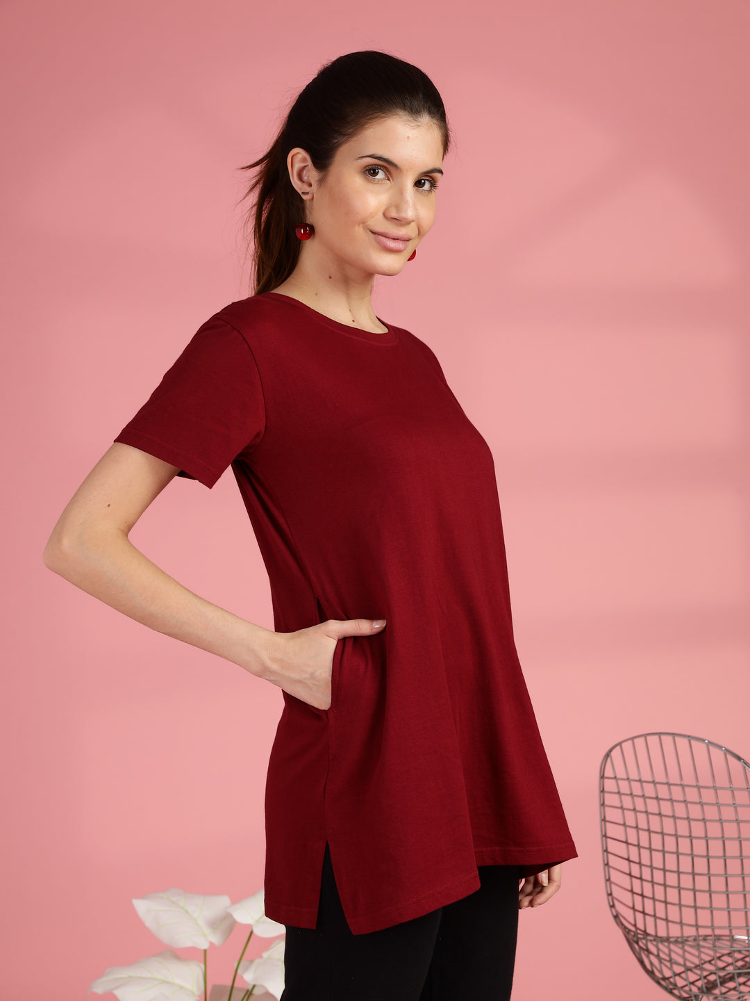 Maroon Long Cotton T-Shirt for Women