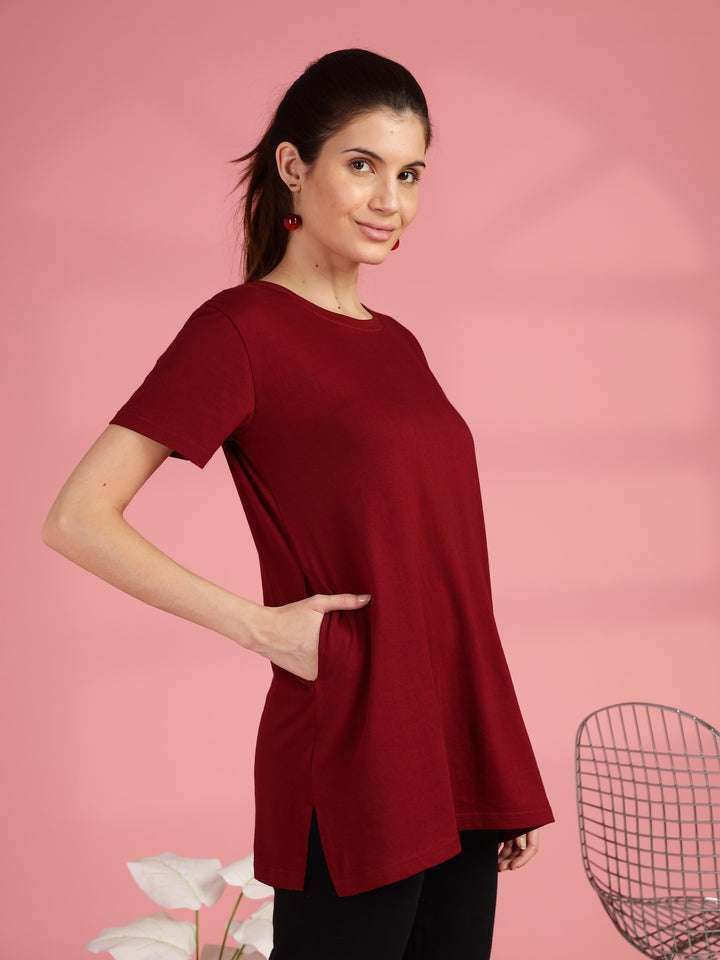 Maroon Long Cotton T-Shirt for Women