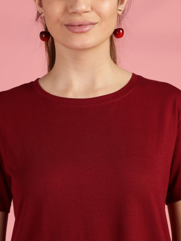 Maroon Long Cotton T-Shirt for Women