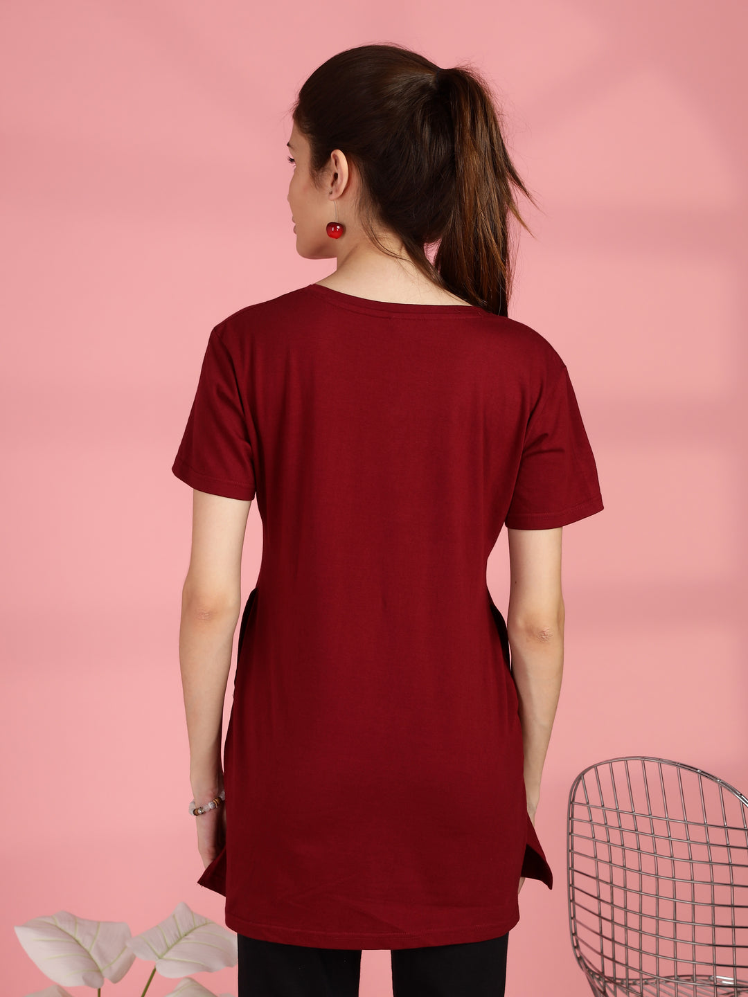 Maroon Long Cotton T-Shirt for Women