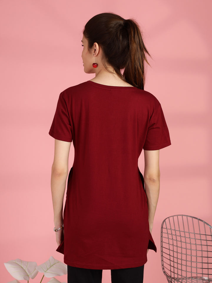 Maroon Long Cotton T-Shirt for Women