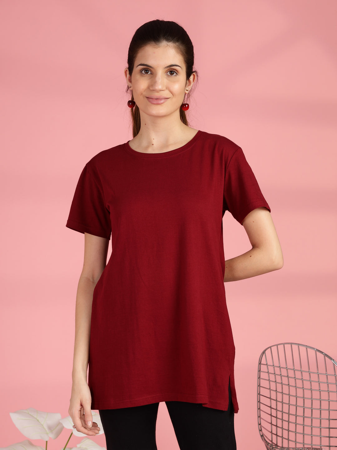 Maroon Long Cotton T-Shirt for Women