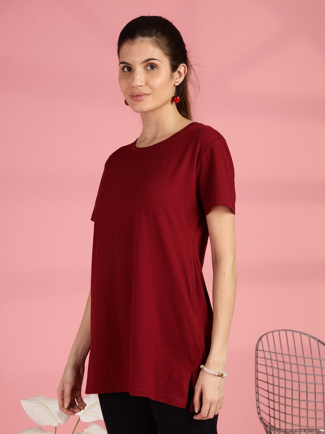 Maroon Long Cotton T-Shirt for Women