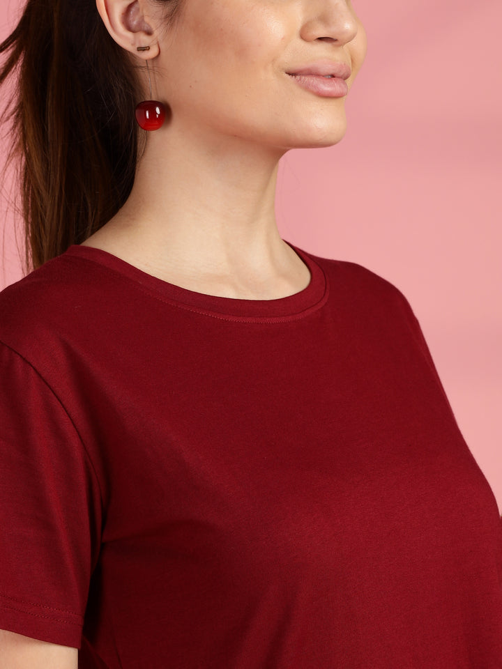 Maroon Long Cotton T-Shirt for Women