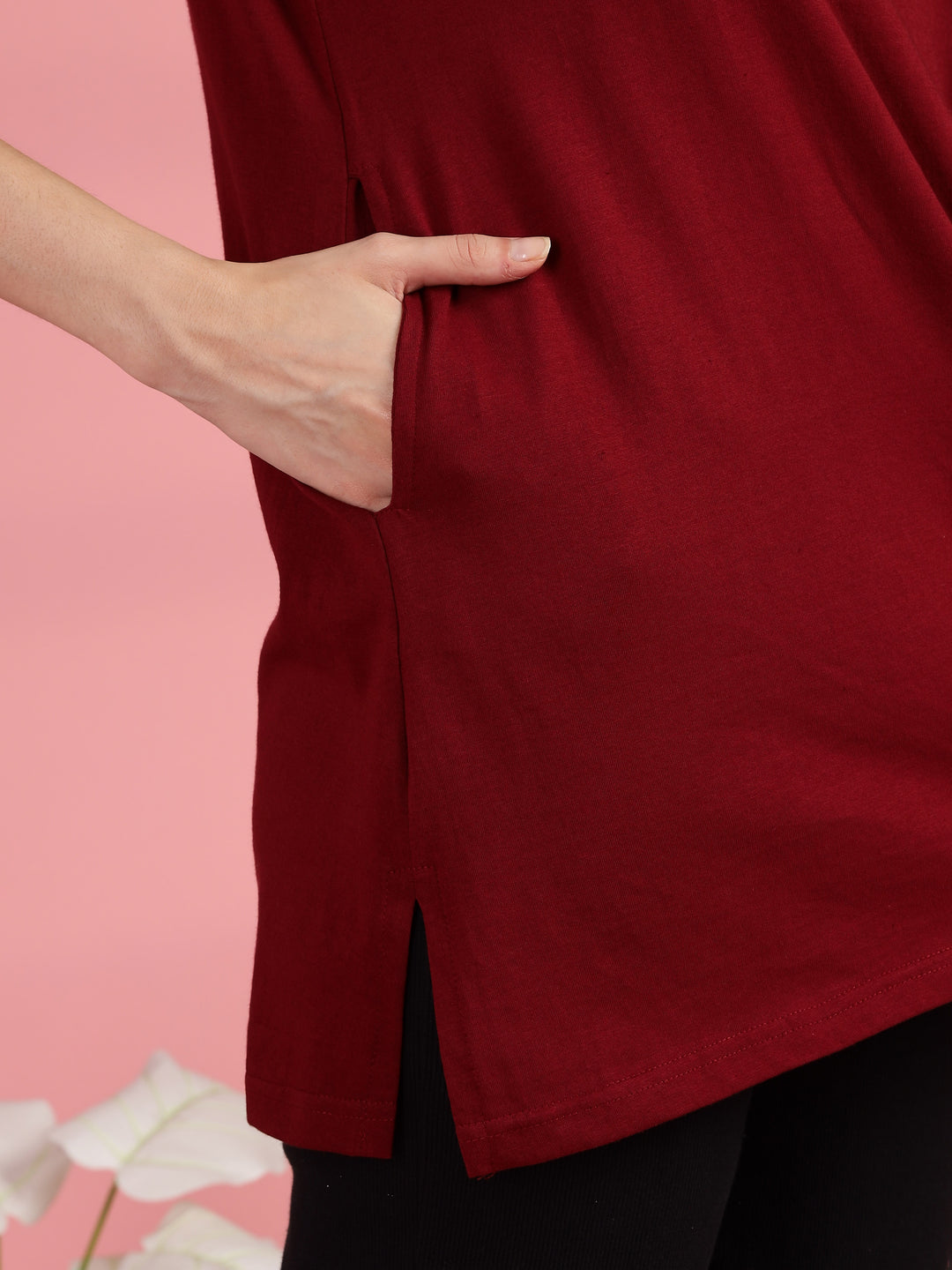 Maroon Long Cotton T-Shirt for Women