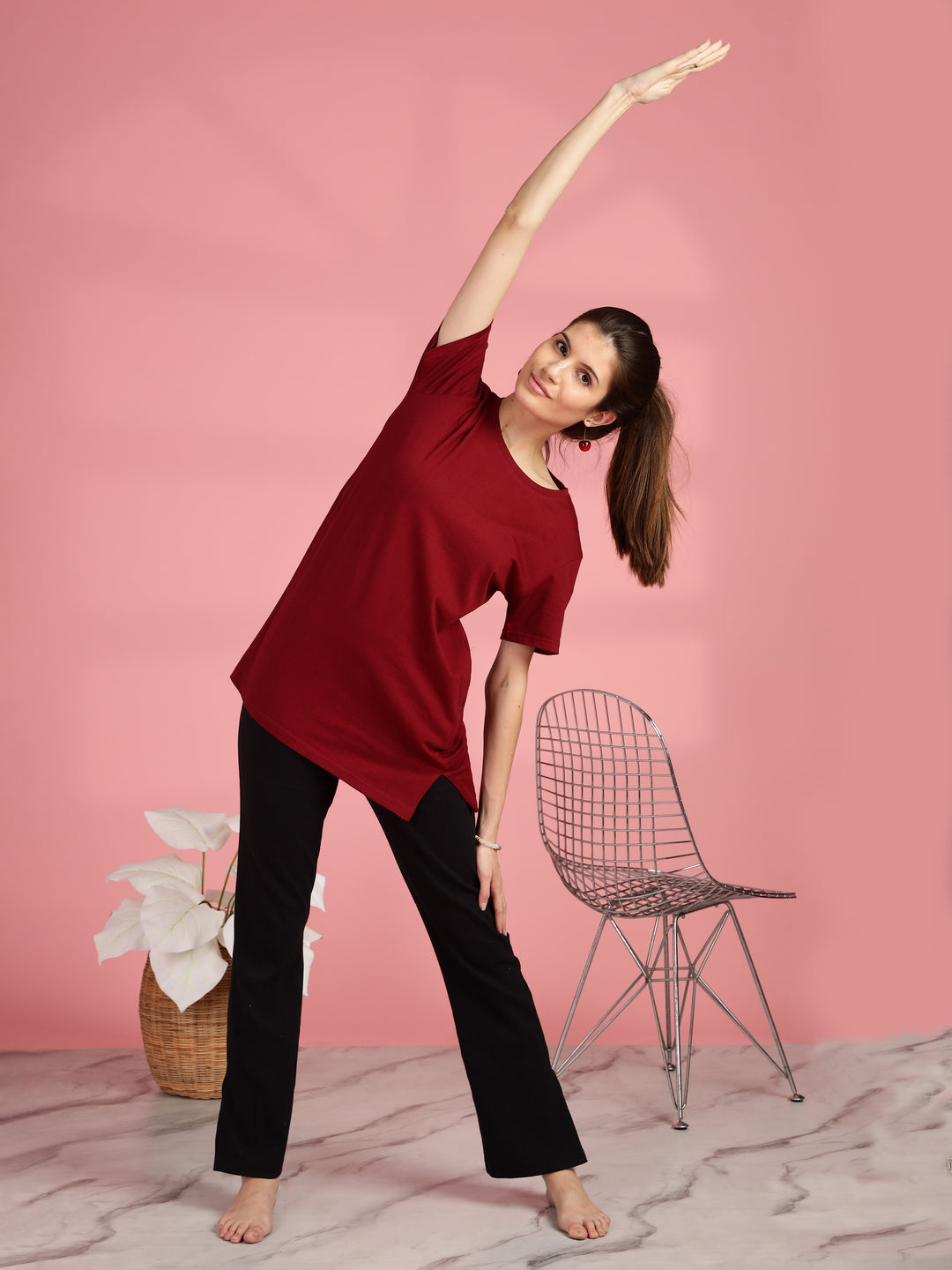 Maroon Long Cotton T-Shirt for Women