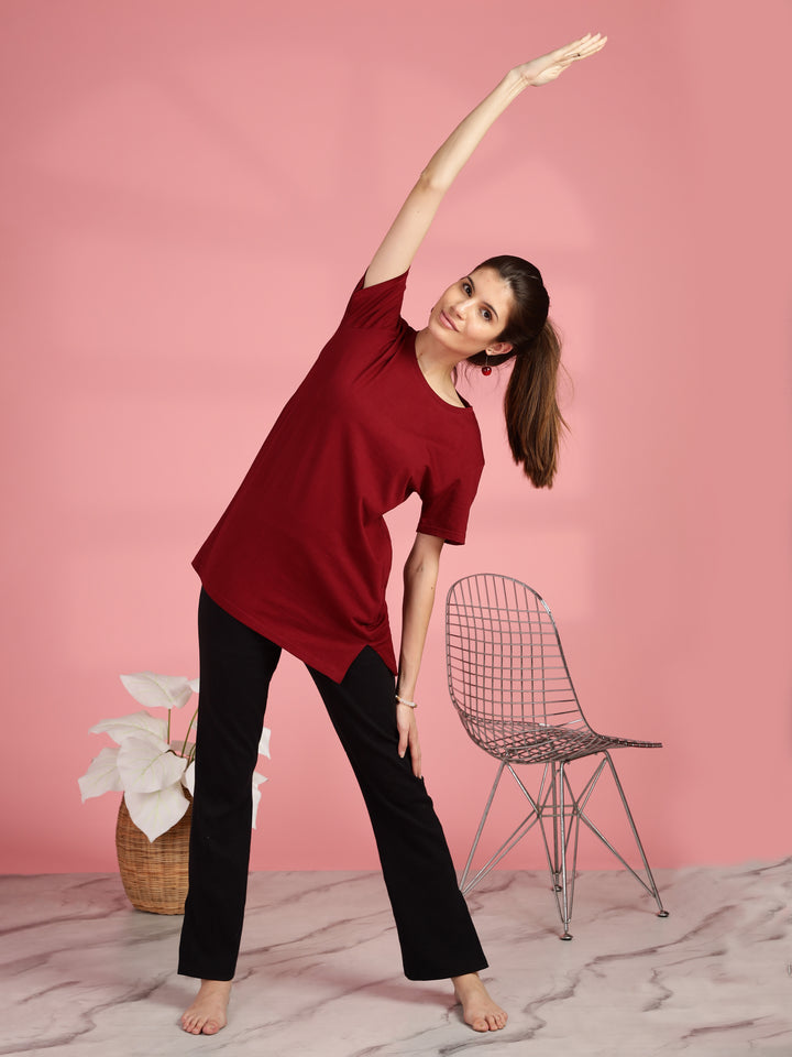 Maroon Long Cotton T-Shirt for Women