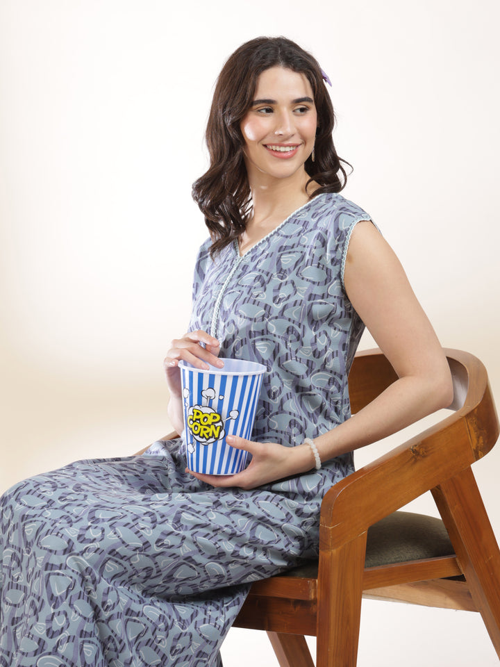 Cozy Misty Blue Sleeveless Nighty for Women