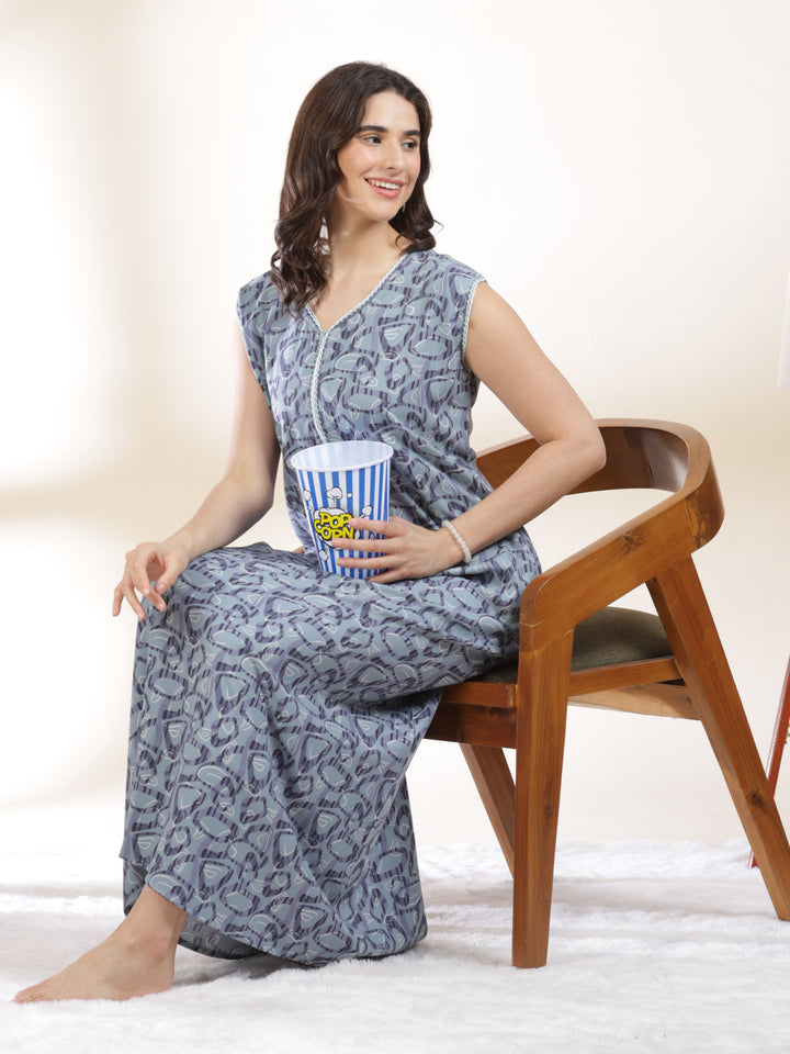 Cozy Misty Blue Sleeveless Nighty for Women