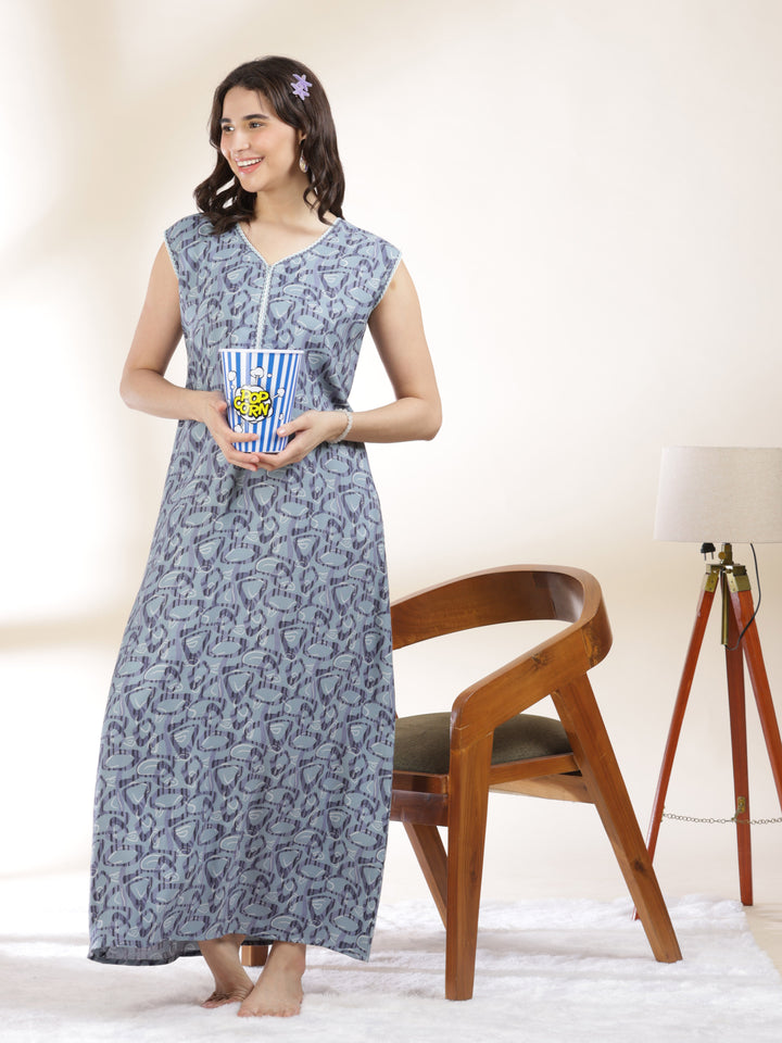 Cozy Misty Blue Sleeveless Nighty for Women