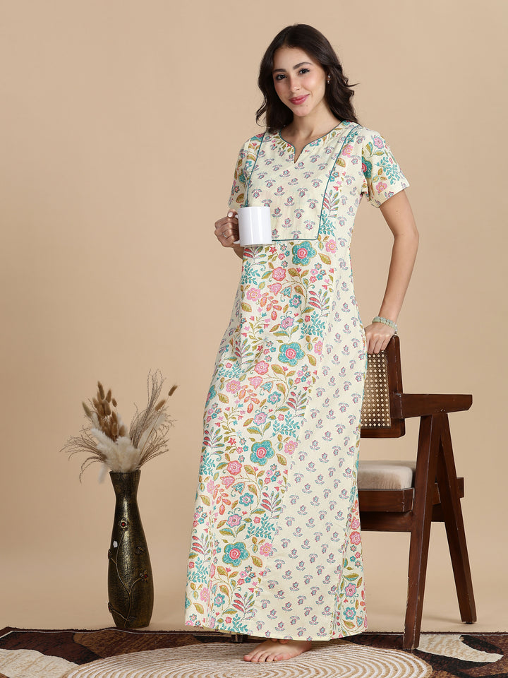 Cream Blue Jaipuri Pure Cotton Nighty for Women