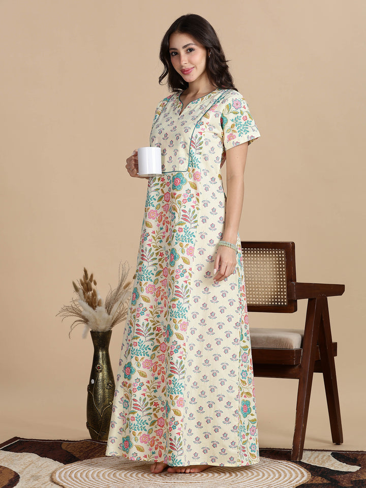 Cream Blue Jaipuri Pure Cotton Nighty for Women