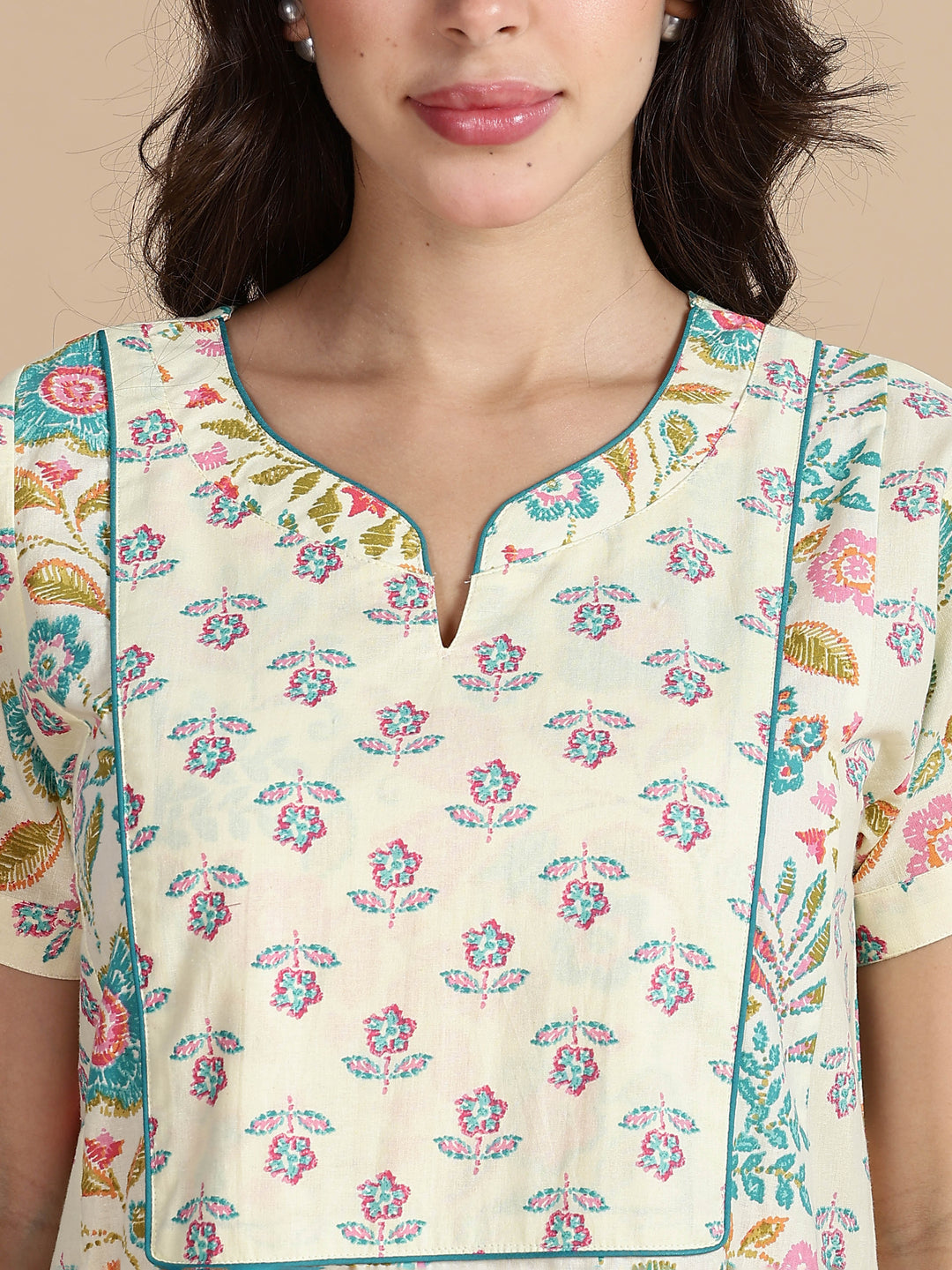 Cream Blue Jaipuri Pure Cotton Nighty for Women