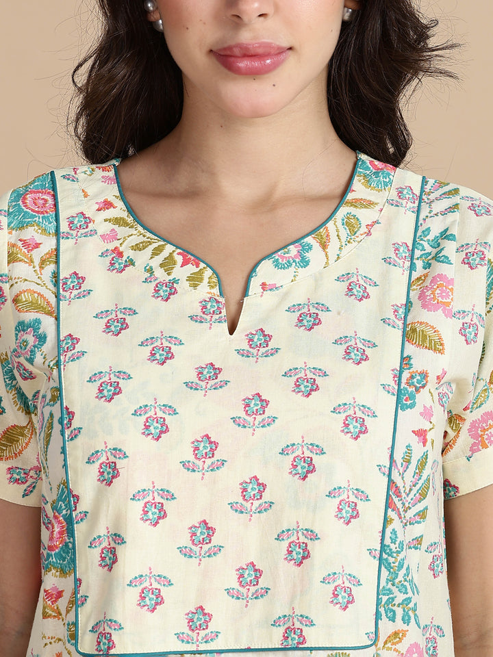 Cream Blue Jaipuri Pure Cotton Nighty for Women