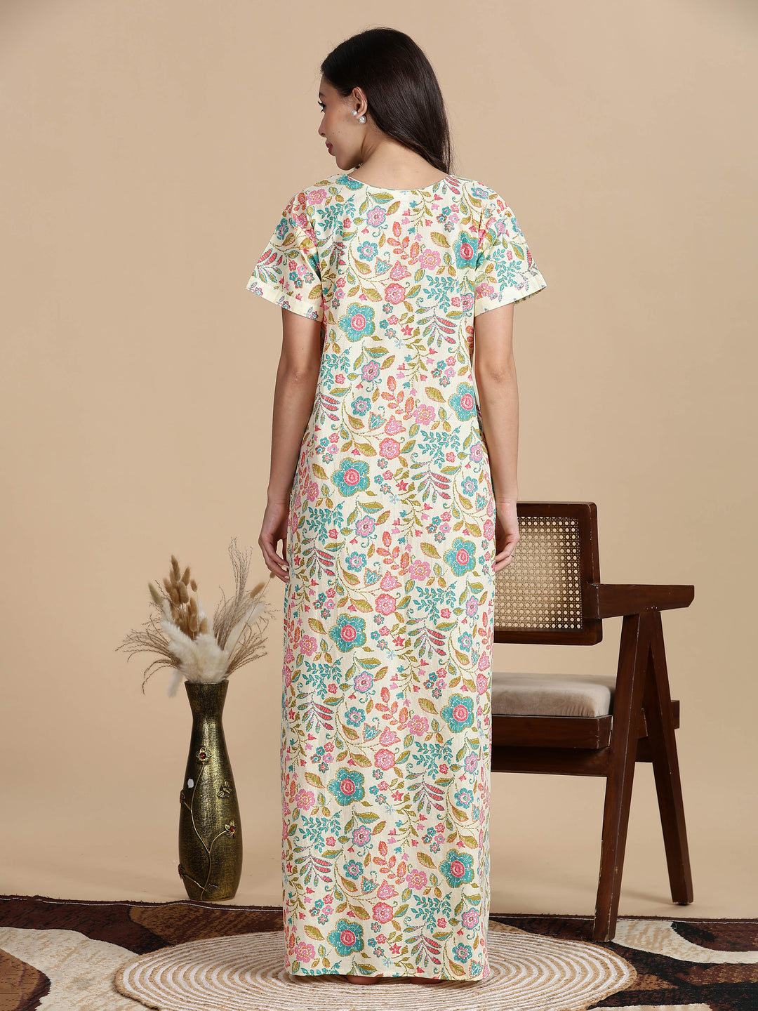 Cream Blue Jaipuri Pure Cotton Nighty for Women