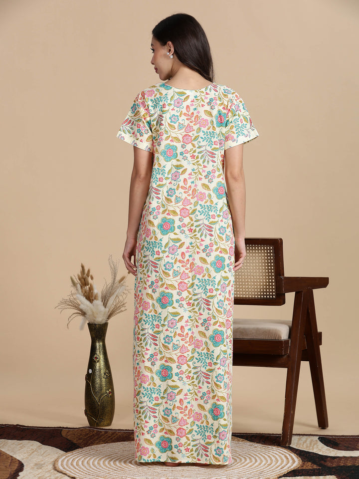 Cream Blue Jaipuri Pure Cotton Nighty for Women
