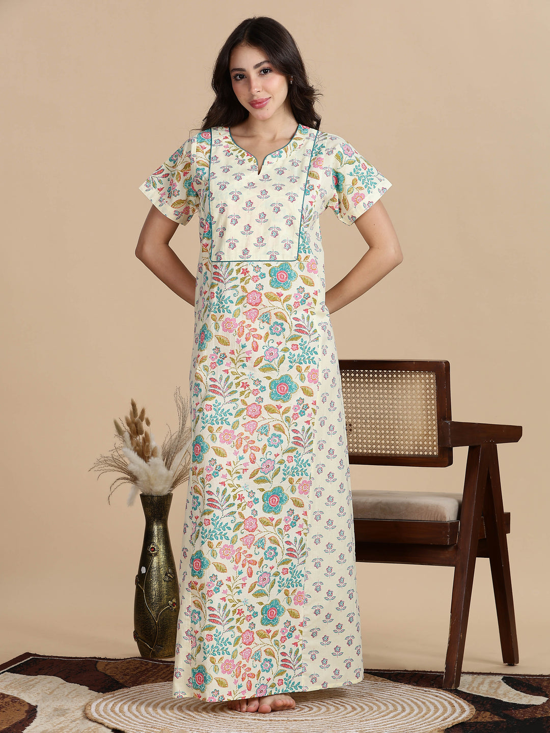 Cream Blue Jaipuri Pure Cotton Nighty for Women