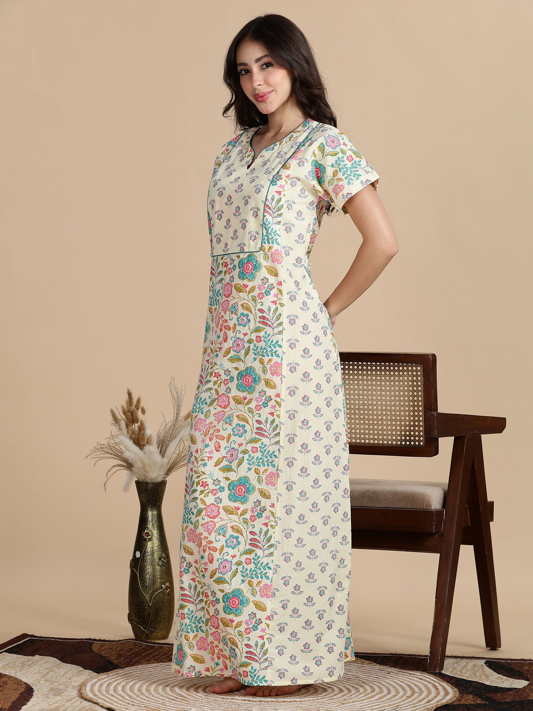 Cream Blue Jaipuri Pure Cotton Nighty for Women