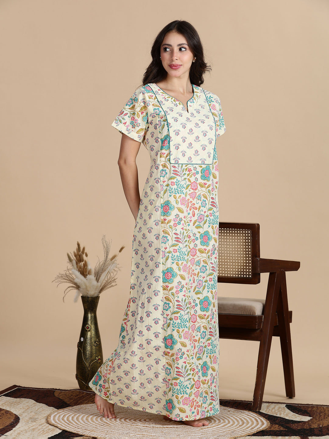 Cream Blue Jaipuri Pure Cotton Nighty for Women
