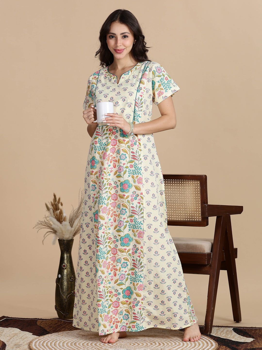 Cream Blue Jaipuri Pure Cotton Nighty for Women