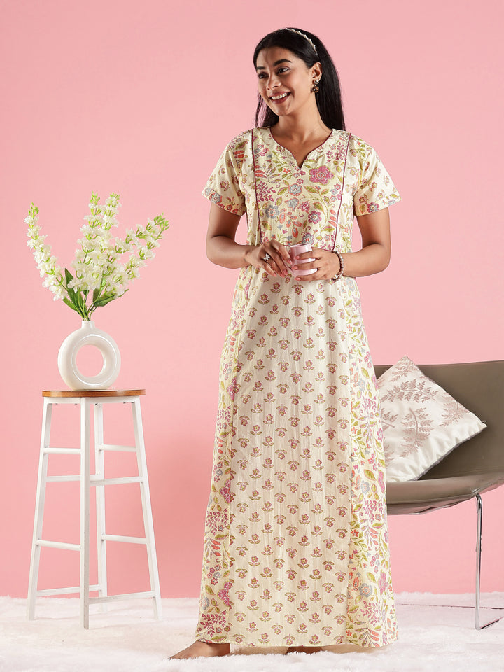 Cream Floral Premium Jaipuri Pure Cotton Nighty with Pocket