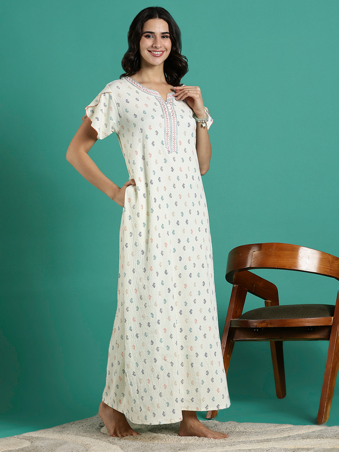 Creamy Floral Print Premium Crush Cotton Ladies Nighty Dress