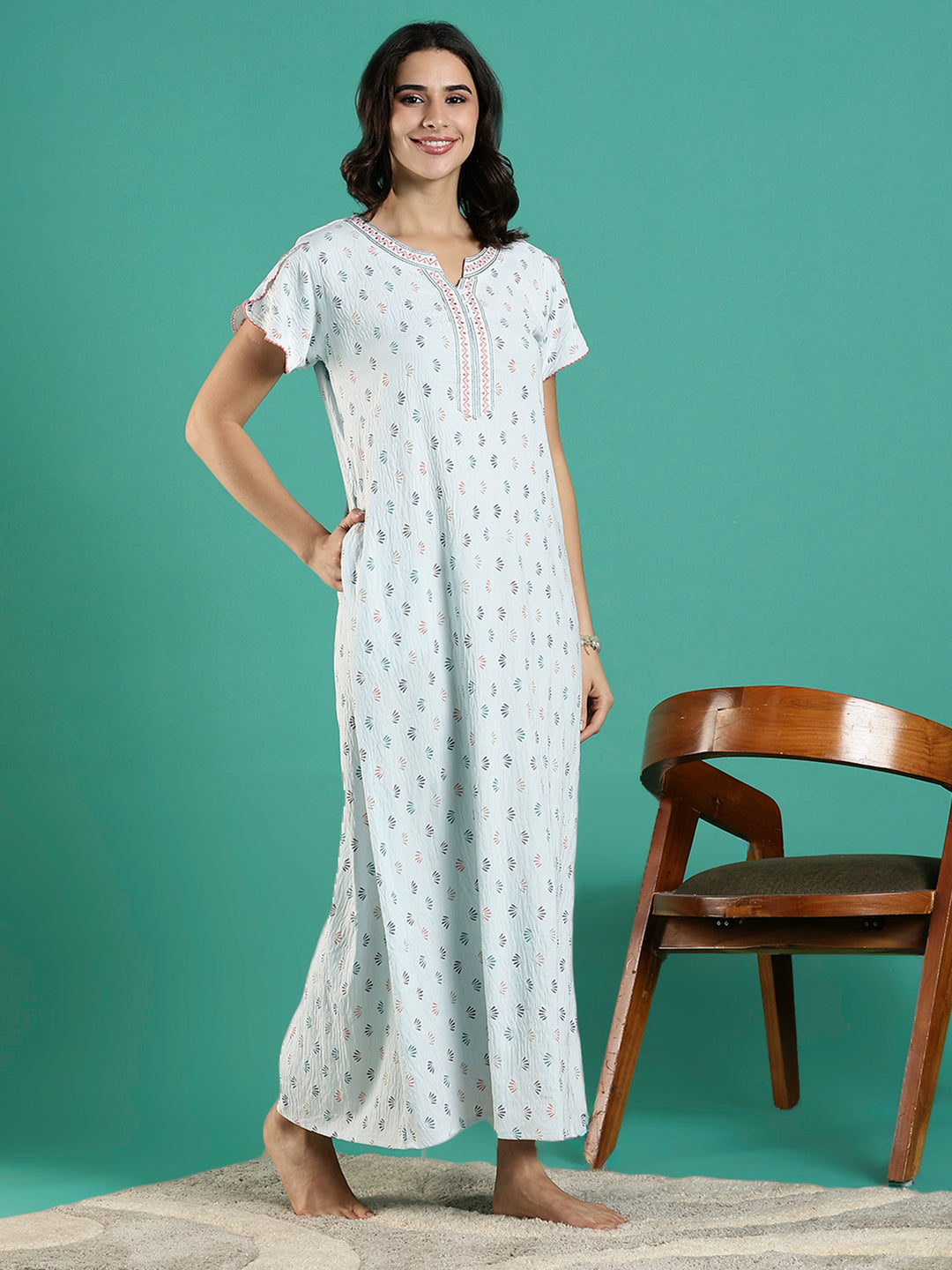 Premium Crush Cotton Beige Designer Nighty for Women