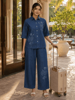 Dark Blue Denim Co Ord Set for Women with Floral Embroidery