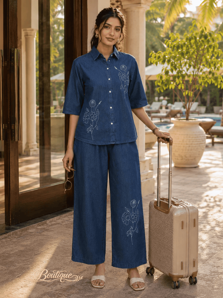 Dark Blue Denim Co Ord Set for Women with Floral Embroidery