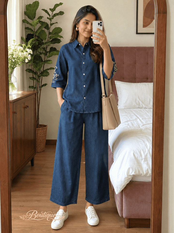 Dark Blue Denim Co Ord Set with Sleeve Embroidery for Women