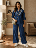 Dark Blue Denim Wash Cotton Co Ord Set for Women with Embroidery