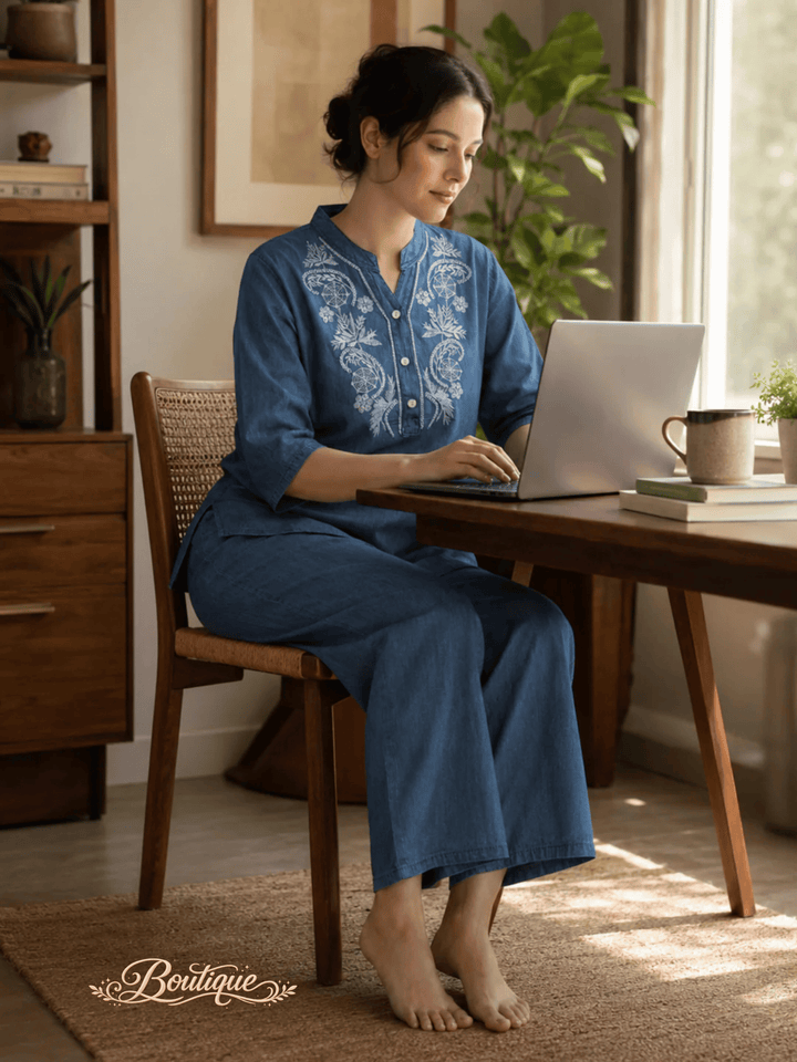 Light Blue Denim Wash Cotton Co Ord Set for Women with Embroidery