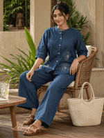 Denim Co Ord Set for Women with Floral Embroidery