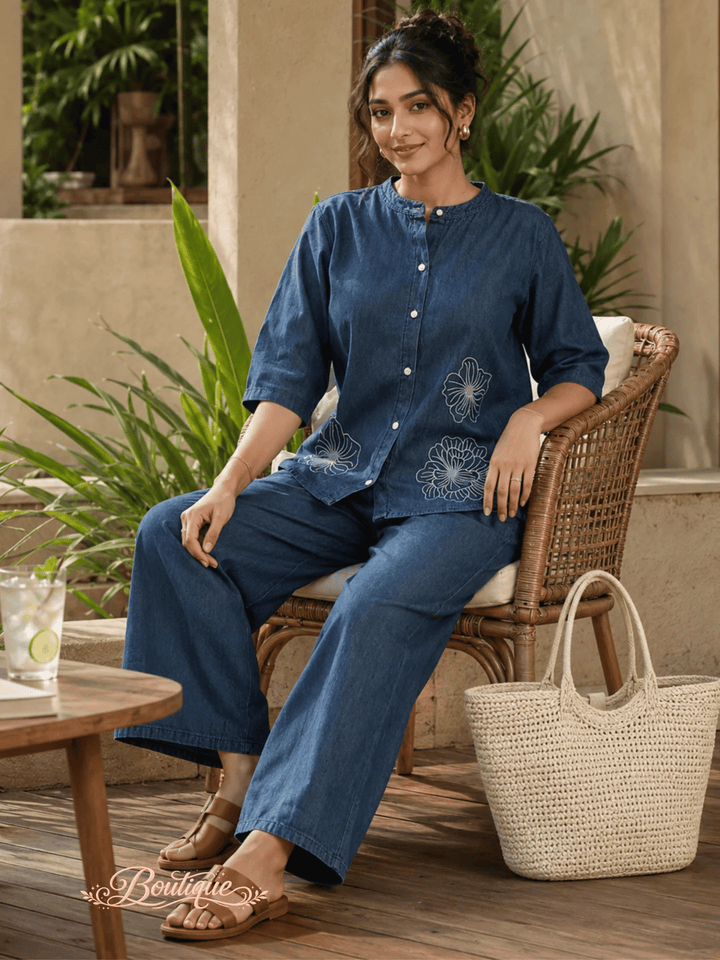 Denim Co Ord Set for Women with Floral Embroidery