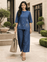 Light Blue Denim Co Ord Set for Women with Floral Design